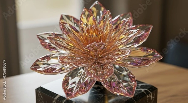 Obraz Elegant Faceted Crystal Lotus Sculpture with Iridescent Golden and Pink Reflections on Marble Base