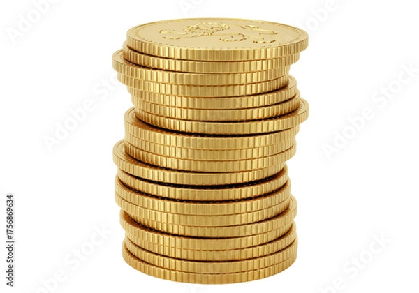 Obraz Stack of shiny gold coins isolated PNG, pile of money for wealth and finance concepts, on transparent background, golden currency for business