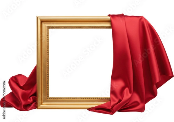 Obraz Gold picture frame with red silk fabric isolated PNG, elegant empty frame mockup for art display and presentation on transparent background