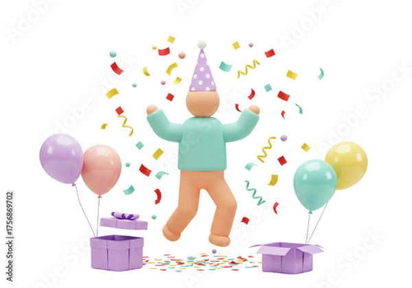 Obraz Joyful 3D character with party hat isolated PNG, celebrating with confetti and balloons for birthday or special occasion on transparent background