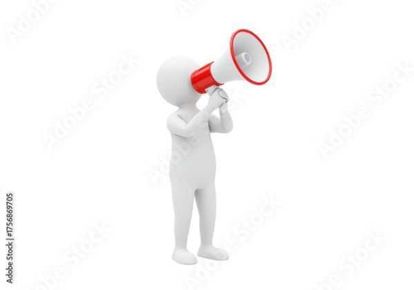 Obraz 3D stick figure shouting into a red and white megaphone isolated PNG, announcement and communication concept on transparent background