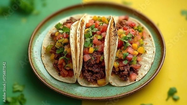 Fototapeta Three soft tacos filled with seasoned ground beef, diced tomatoes, yellow bell peppers, and fresh cilantro on a green ceramic plate against a colorful background