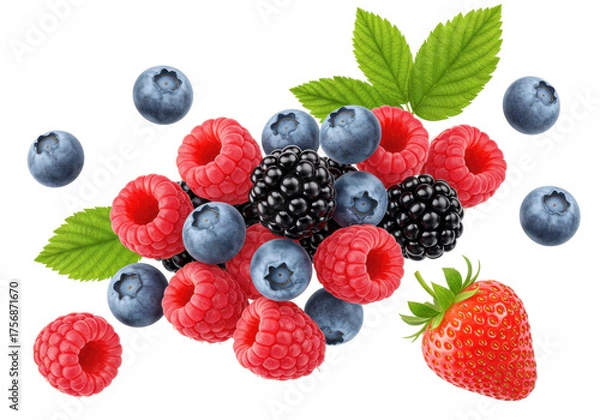 Obraz Assorted berries PNG isolated on transparent background, fresh raspberries, blueberries, blackberries, and strawberry mix for healthy eating