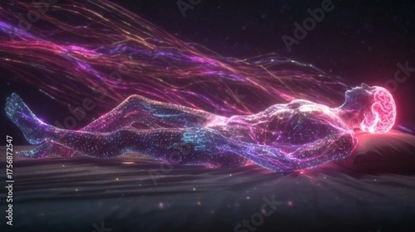 Obraz futuristic sleeping human with glowing neural network body, lying on a , illuminated brain radiating pink and purple light, digital energy waves