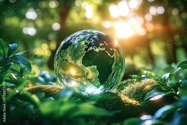 Obraz Transparent globe with visible continents resting on green moss surrounded by plants in a sunlit forest creating a serene and hopeful atmosphere
