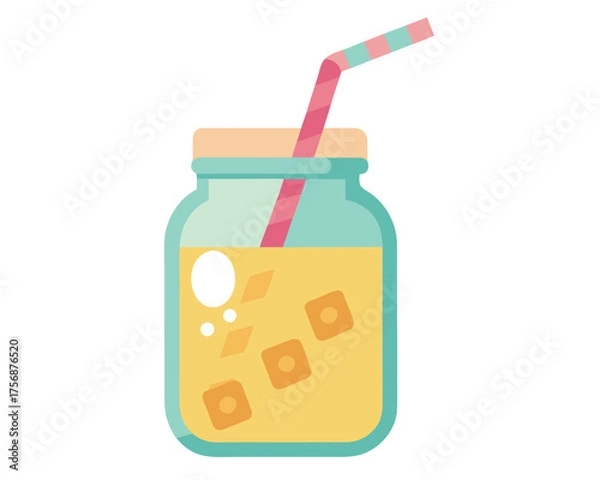 Obraz Refreshing yellow drink in a mason jar with a straw and ice cubes isolated on white background