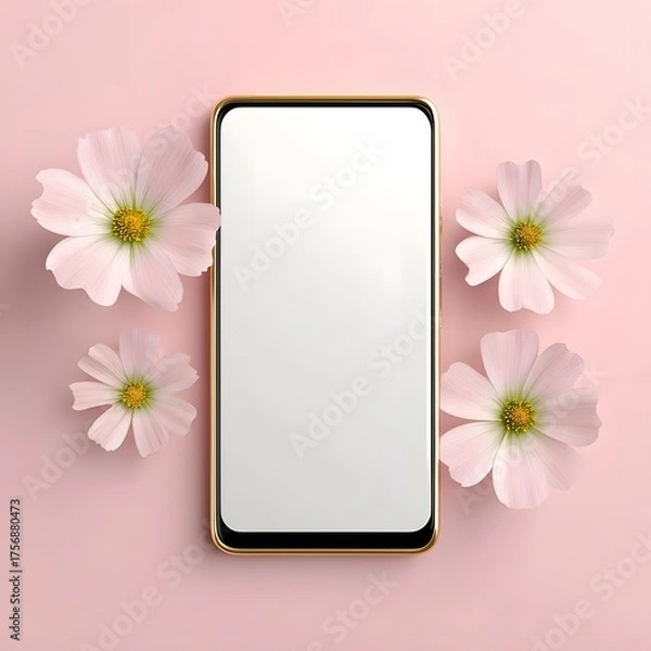 Fototapeta A minimalist flat lay of a smartphone surrounded by soft pink flowers on a pastel background featuring a blank screen for design