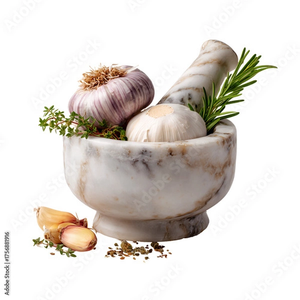 Obraz Marble mortar with garlic and herbs