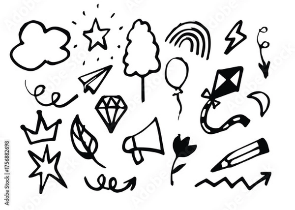 Obraz Kid crayon chalk line cloud, flower children sticker set. Hand drawn crayon doodle sketch childish cute element set.