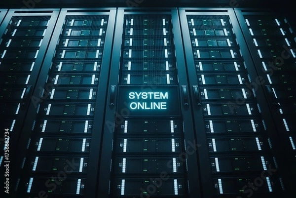 Fototapeta Advanced technological infrastructure glowing with digital information and a central server displaying the system online status