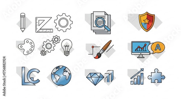 Obraz Collection of line art icons representing various concepts such as design, development, creativity, and business