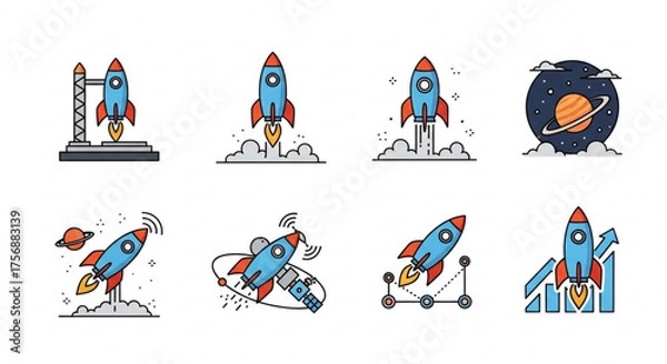 Obraz Collection of rocket launch illustrations, showcasing various stages of liftoff and flight, with planets and charts