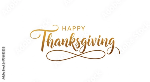 Fototapeta Elegant Happy Thanksgiving greeting with golden calligraphic script lettering isolated on a clean white background for holiday design