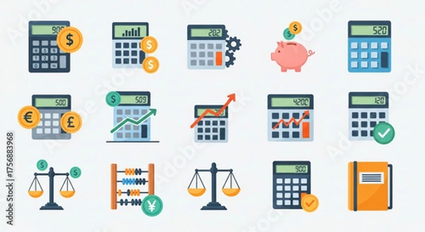 Obraz Collection of calculator icons, featuring various designs for financial calculations, accounting, and mathematical operations in business