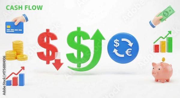 Obraz Financial planning concept with business and investment icons, including money, growth chart, piggy bank, dollar sign