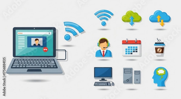Obraz Remote work and online communication concept with laptop, wifi, cloud, calendar, coffee, computer, and head icons
