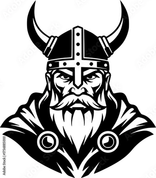 Obraz a viking with a horned helmet, simple black and white vector graphic, minimalist design