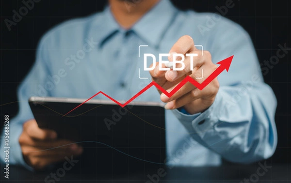 Fototapeta Debt growth on a virtual screen. The financier draws a rating for debt obligations. Concept - growth of public debt.