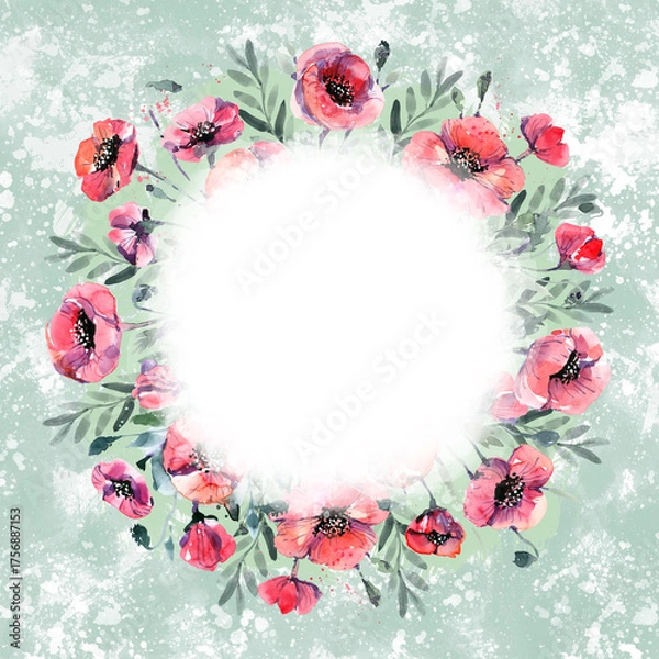 Fototapeta A wreath of scarlet poppies, a watercolor hand drawing on a green background. Red poppies in the form of a circular composition, a text frame. Floral print in the form of a circle, poppy bouquet, red