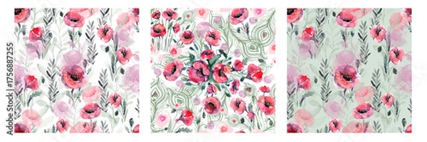 Fototapeta A set of seamless patterns with poppies painted in watercolor. Poppies in a bouquet, in the garden, a creative design pattern.