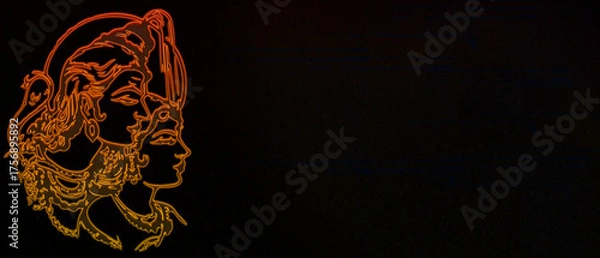 Fototapeta glowing neon outline of Lord Shiva and Goddess Parvati (Shiva-Parvati) in warm red and orange tones against a dark black background