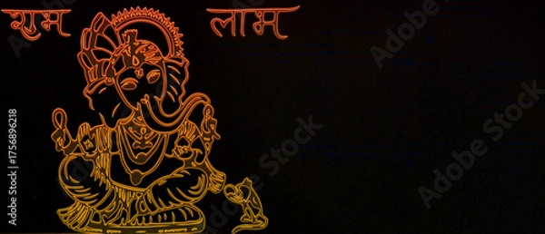 Fototapeta neon-style outline of Lord Ganesha in warm orange and gold on a black background, with the words शुभ लाभ (Shubh Labh) glowing above