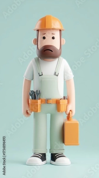 Obraz Construction worker with tools and toolbox standing ready for work.