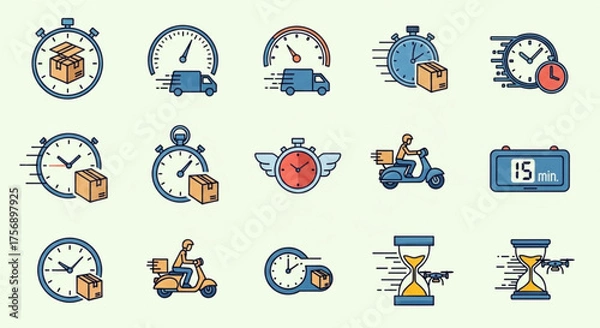Fototapeta Collection of delivery time icons, featuring various clocks, vehicles, and symbols representing speed and efficiency in shipping and logistics