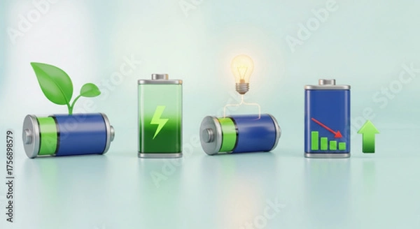 Obraz Conceptual illustration of green energy with batteries, a light bulb, and a plant the image represents renewable energy and sustainable power sources