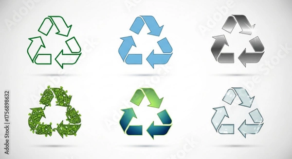 Obraz Collection of six recycling symbols in different styles, showcasing the universal icon for environmental conservation and sustainable practices