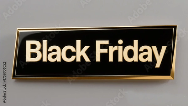 Fototapeta A black friday sign with gold lettering and a gold border on a gray background close up
