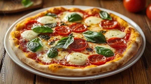 Fototapeta Freshly baked pizza topped with melted cheese, pepperoni slices, and fresh basil leaves on a white plate on wooden table