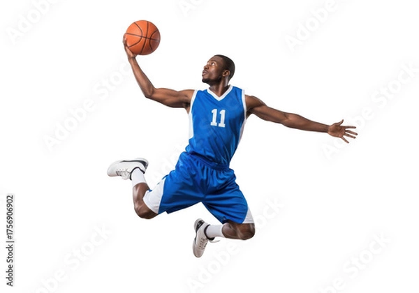 Obraz Professional basketball player dunking with ball in blue uniform action shot sports athlete png isolated on transparent background