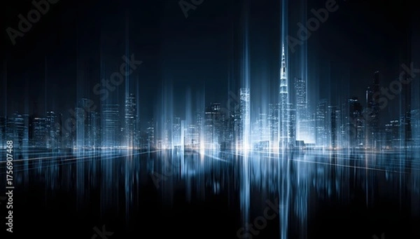 Obraz Abstract digital cityscape with glowing vertical light beams and reflections on dark water surface at night