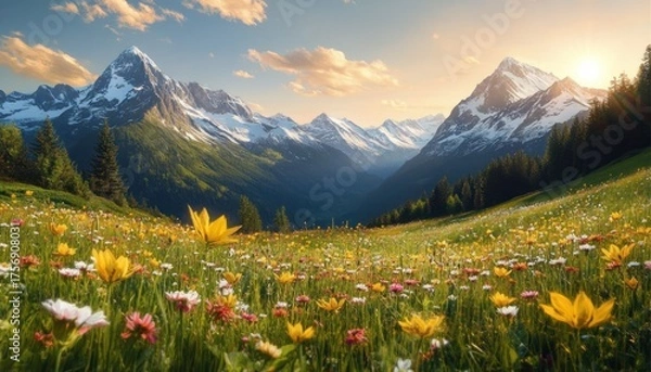 Fototapeta Sunlit alpine meadow filled with colorful wildflowers and lush green grass framed by towering snow-capped mountains under a partly cloudy sky at sunset