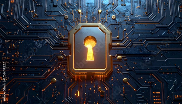 Fototapeta Cybersecurity keyhole icon illuminating a detailed electronic circuit, symbolizing robust digital protection, data privacy, and secure network infrastructure in modern technology