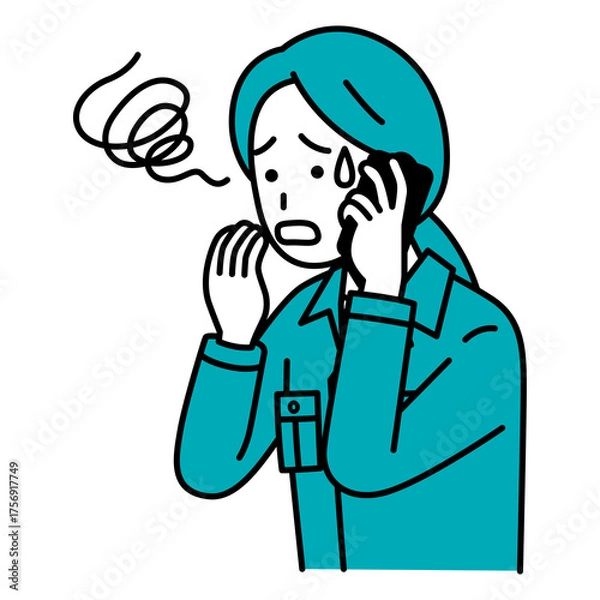 Obraz スマートフォンでの通話で困惑する作業員の女性