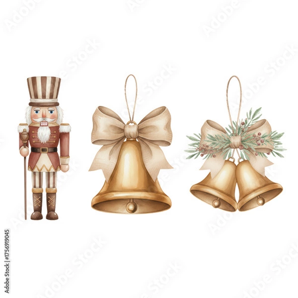 Fototapeta Festive nutcracker figure flanked by elegantly adorned golden christmas bells isolated transparent