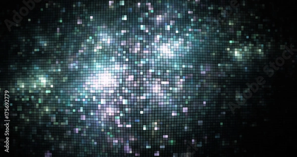Fototapeta Abstract glittering geometric texture with blue and green sparkles on black background. Fantasy fractal design. Digital art. 3D rendering.