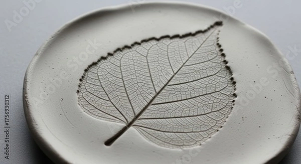 Obraz Elegant Leaf Impression in White Clay Round Dish Closeup