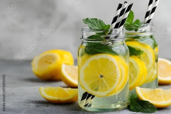 Obraz Refreshing Lemonade with Fresh Mint in Glassware