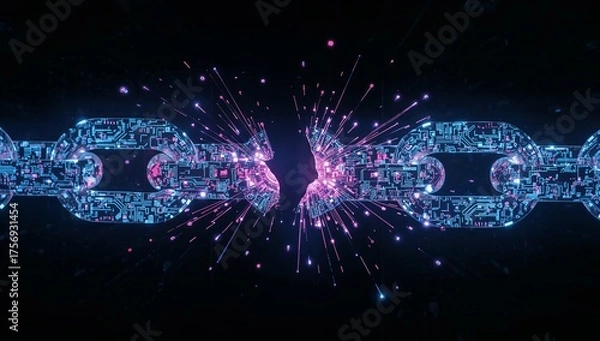 Obraz Broken Blockchain - Digital Chain Shattering with Blue and Purple Light on Black Background.