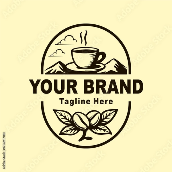 Fototapeta A vintage circular logo design for a coffee brand. The design features a hot cup of coffee against a backdrop of mountains and clouds