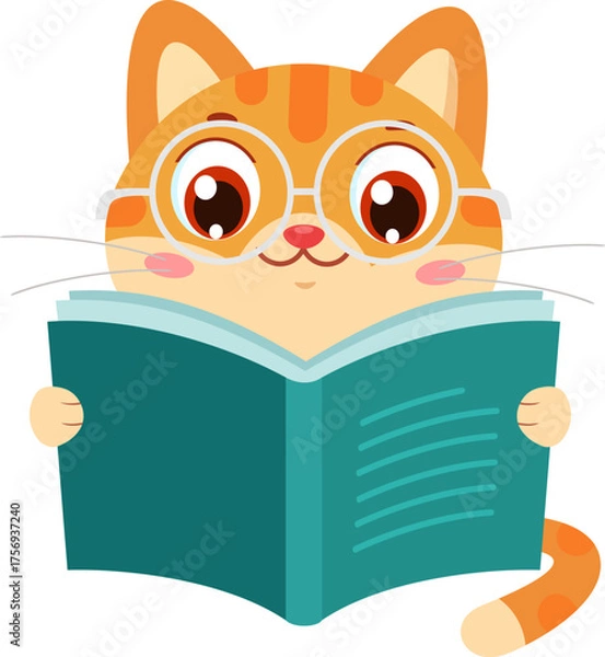 Fototapeta Smart Cute Cat Cartoon Character Reading Book With Glasses – Vector Illustration Flat Design Isolated On Transparent Background