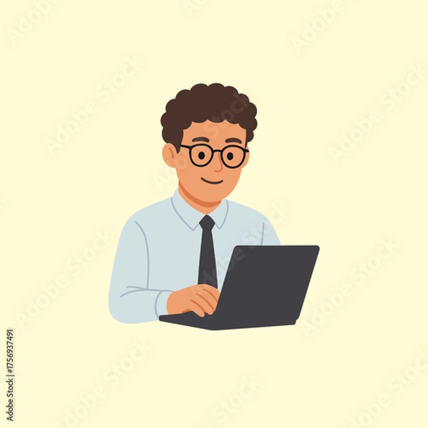 Fototapeta Illustration of a happy businessman counting money at a desk. Financial success, income management, and business profit concept in flat design style.