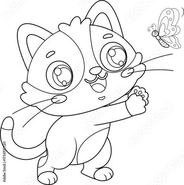 Fototapeta Happy Cute Cat Cartoon Character Playing With Butterfly - Black and White Vector Hand Drawn Illustration Isolated On Transparent Background