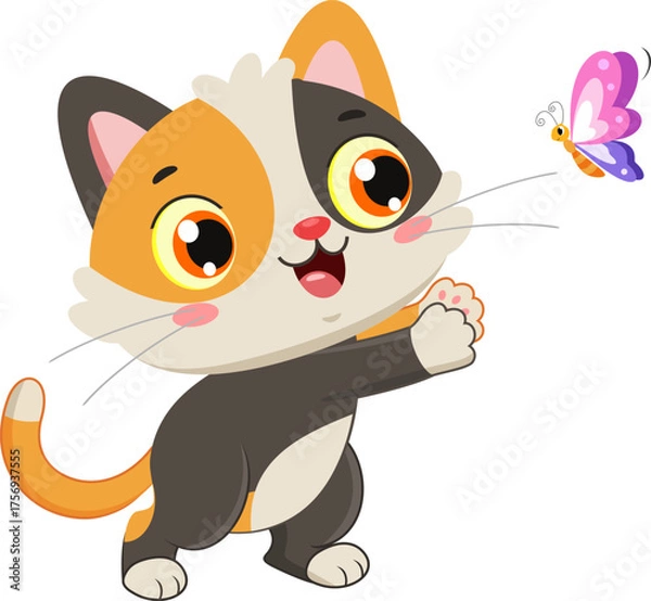 Fototapeta Playful Cute Cat Cartoon Character Catching Butterfly – Vector Illustration Flat Design Isolated On Transparent Background