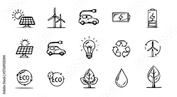 Fototapeta Eco Energy Icon Pack-solar panels, wind turbines, electric car, battery charge, green energy, eco light bulb, recycling arrows, water drop, and tree leaf