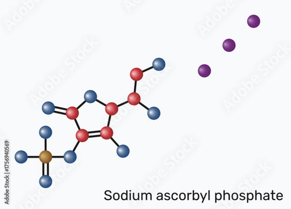 Fototapeta Sodium ascorbyl phosphate, SAP molecule. Stable vitamin C derivative for skincare, antioxidant, collagen support, anti-acne, water-soluble cosmetic active. Molecular model. Vector Illustration