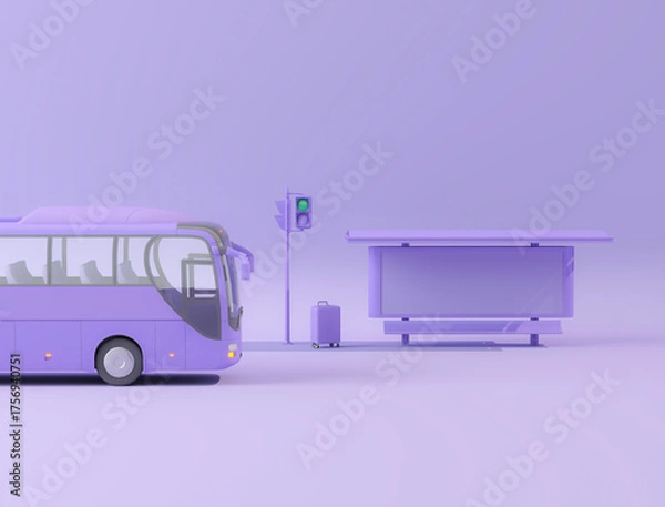 Obraz City bus and luggage, street light on blue purple background. Creative composition. Light background with copy space. 3D render for web page, presentation, studio.